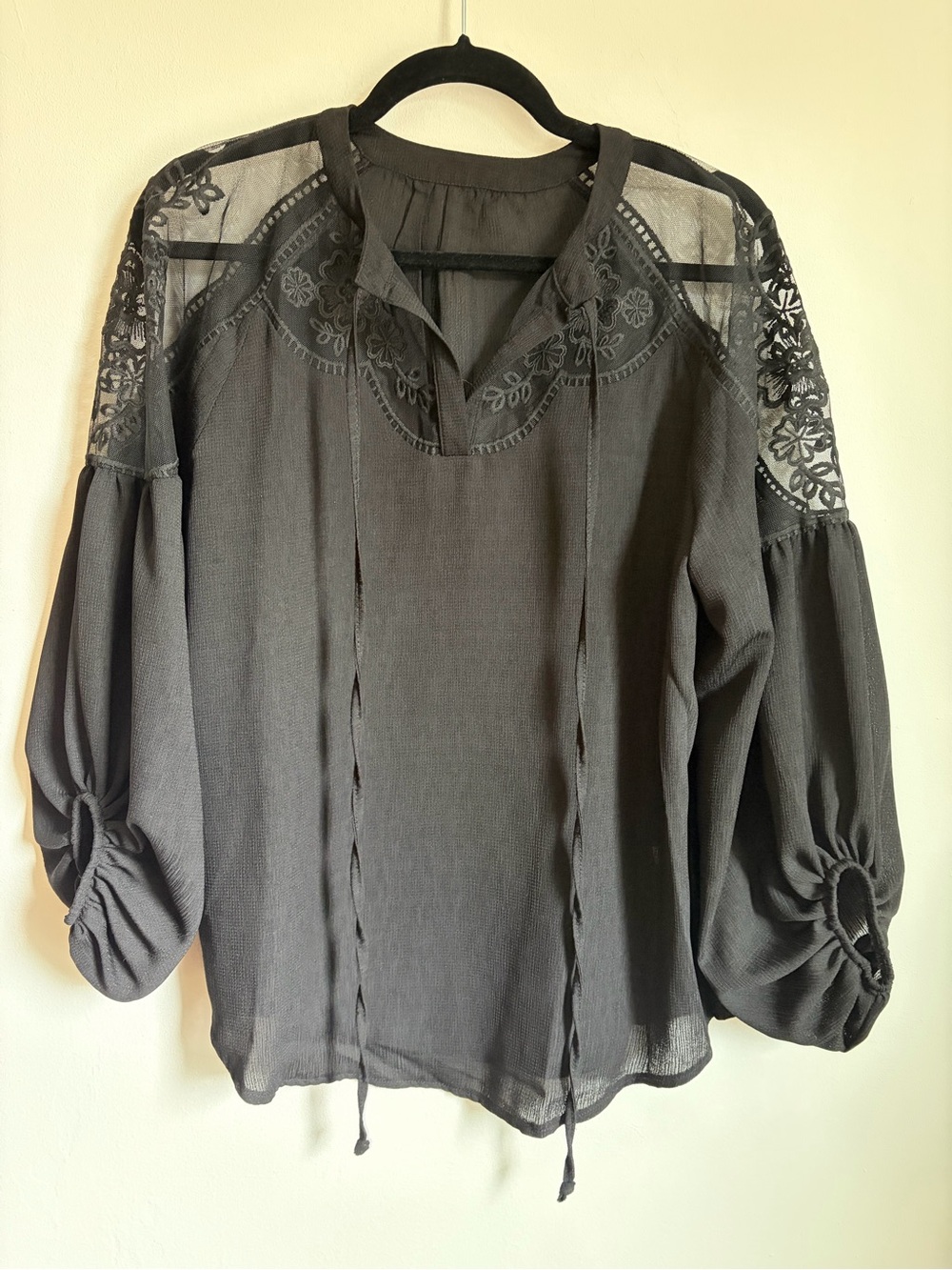 Women Tops - Black Lace Yoke Peasant Blouse